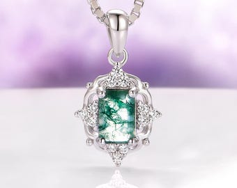 Vintage Green Moss Agate Necklace For Women- 925 Sterling Silver Natural Agate Unique Birthstone Jewelry Anniversary Birthday Gift For Her