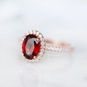 Natural Garnet Ring 14K Rose Gold Vermeil Halo Oval Engagement Promise Ring For Women January Birthstone Anniversary Birthday Gift For Her image 2