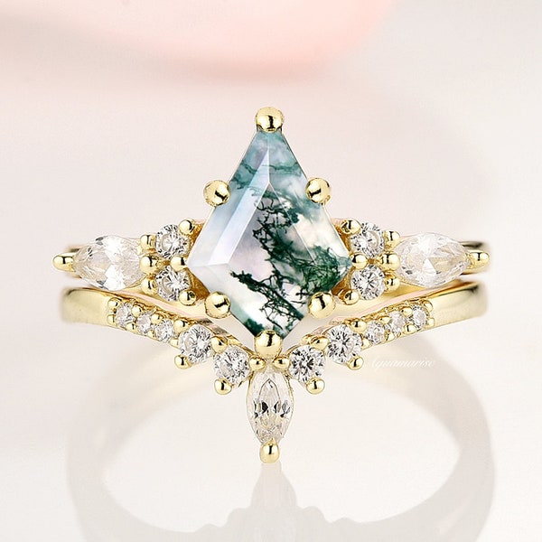 Skye Kite Green Moss Agate Ring- 14K Solid Yellow Gold Natural Agate Engagement Ring For Women- Unique Promise Ring Anniversary Gift For Her