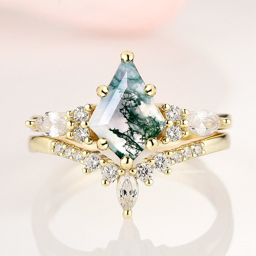 Skye Kite Green Moss Agate Ring in 14K Yellow Gold Vermeil Natural Agate Nature Moss Engagement Ring- Promise Ring- Anniversary Gift For Her