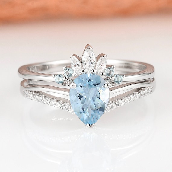 Vintage Aquamarine Ring Set Sterling Silver Teardrop Aquamarine