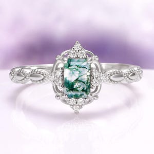 Green Moss Agate Engagement Ring in 925 Sterling Silver- Unique Nature Inspired Vintage Promise Ring Green Gemstone Anniversary Gift For Her