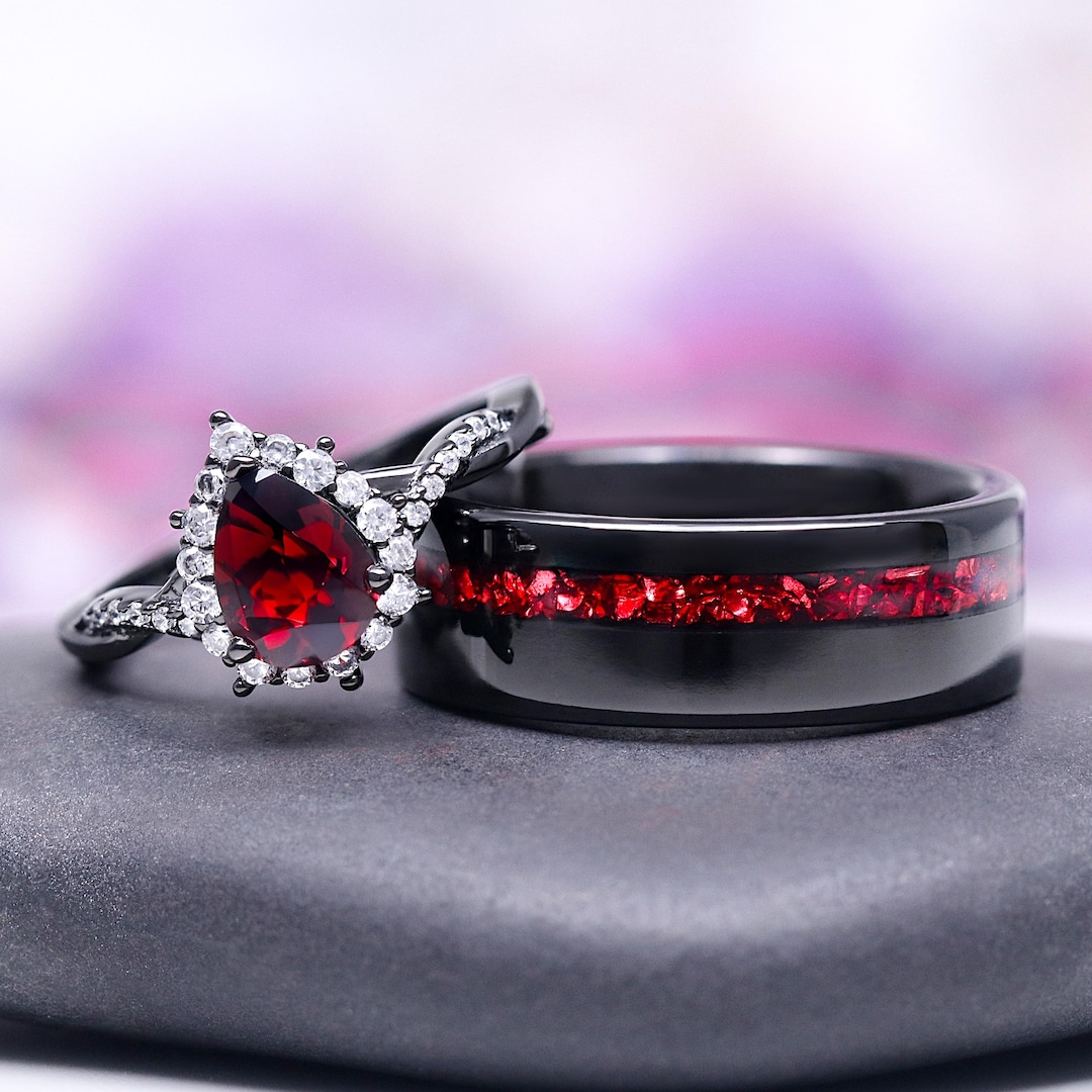 Natural Red Garnet Couples Ring Set- His and Hers Matching Wedding ...