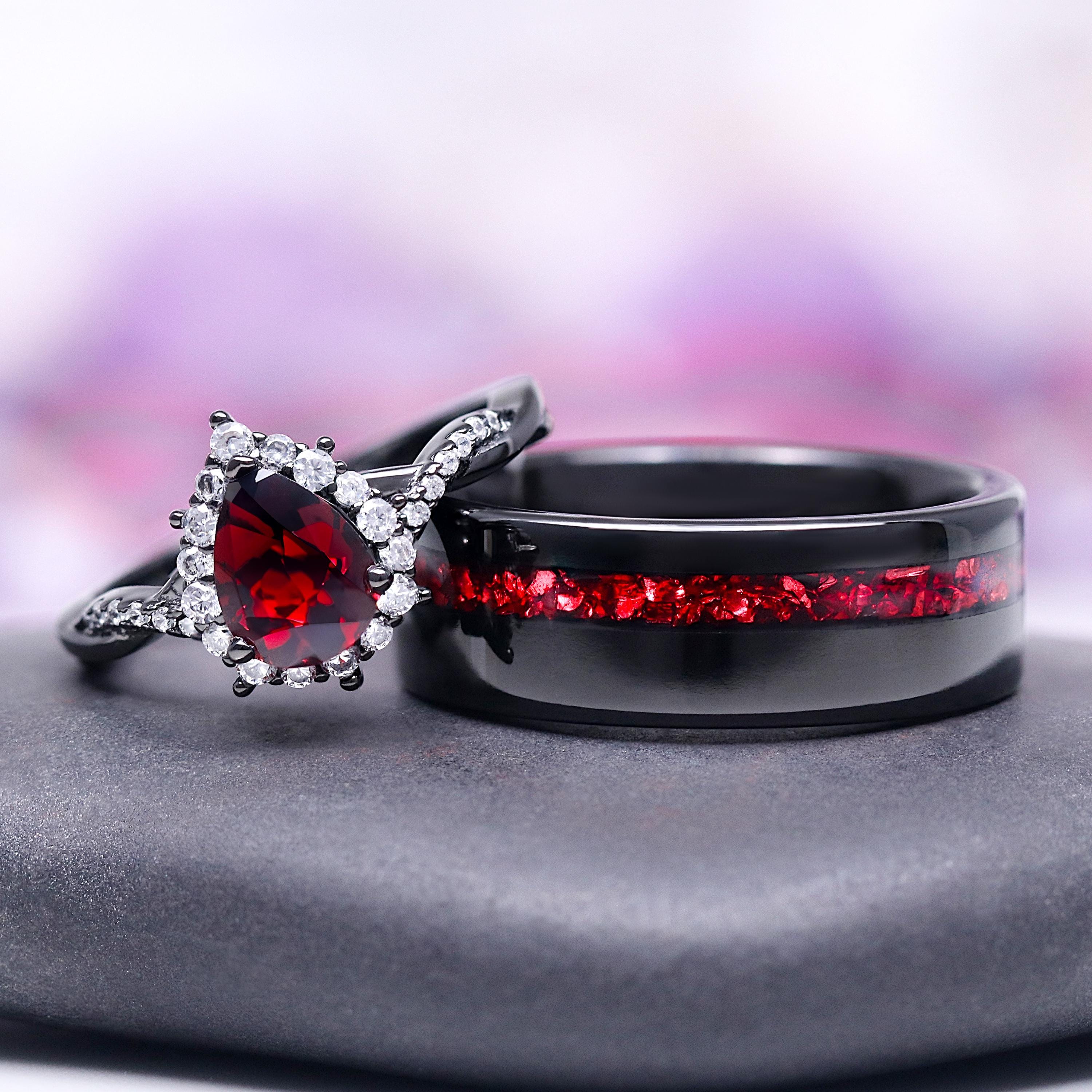 Natural Red Garnet Couples Ring Set- His and Hers Matching Wedding