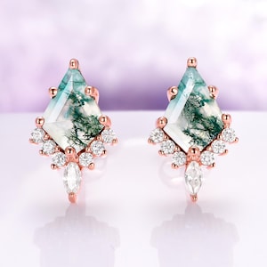 Skye Kite Green Moss Agate Earrings For Women 14K Rose Gold Vermeil Natural Agate Studs Unique Birthstone Jewelry Anniversary Gift For Her