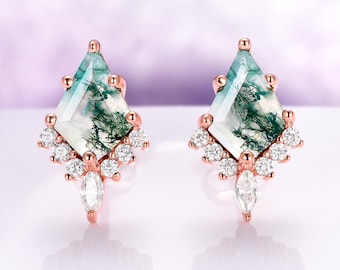 Skye Kite Green Moss Agate Earrings For Women 14K Rose Gold Vermeil Natural Agate Studs Unique Birthstone Jewelry Anniversary Gift For Her