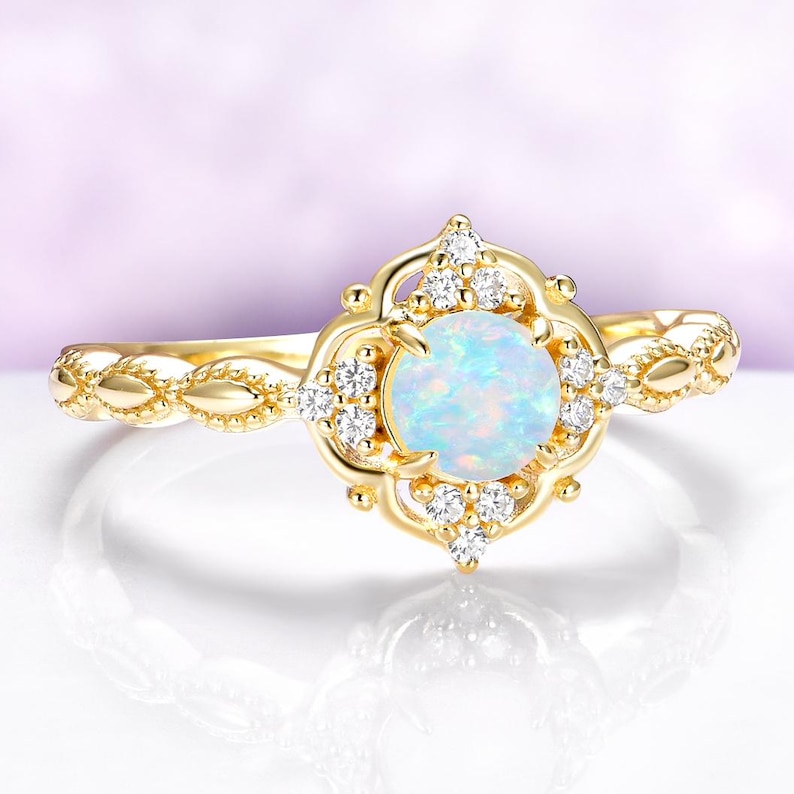 Australian Opal Engagement Ring Vintage Floral Halo 14K Yellow Gold Vermeil October Birthstone 画像 4