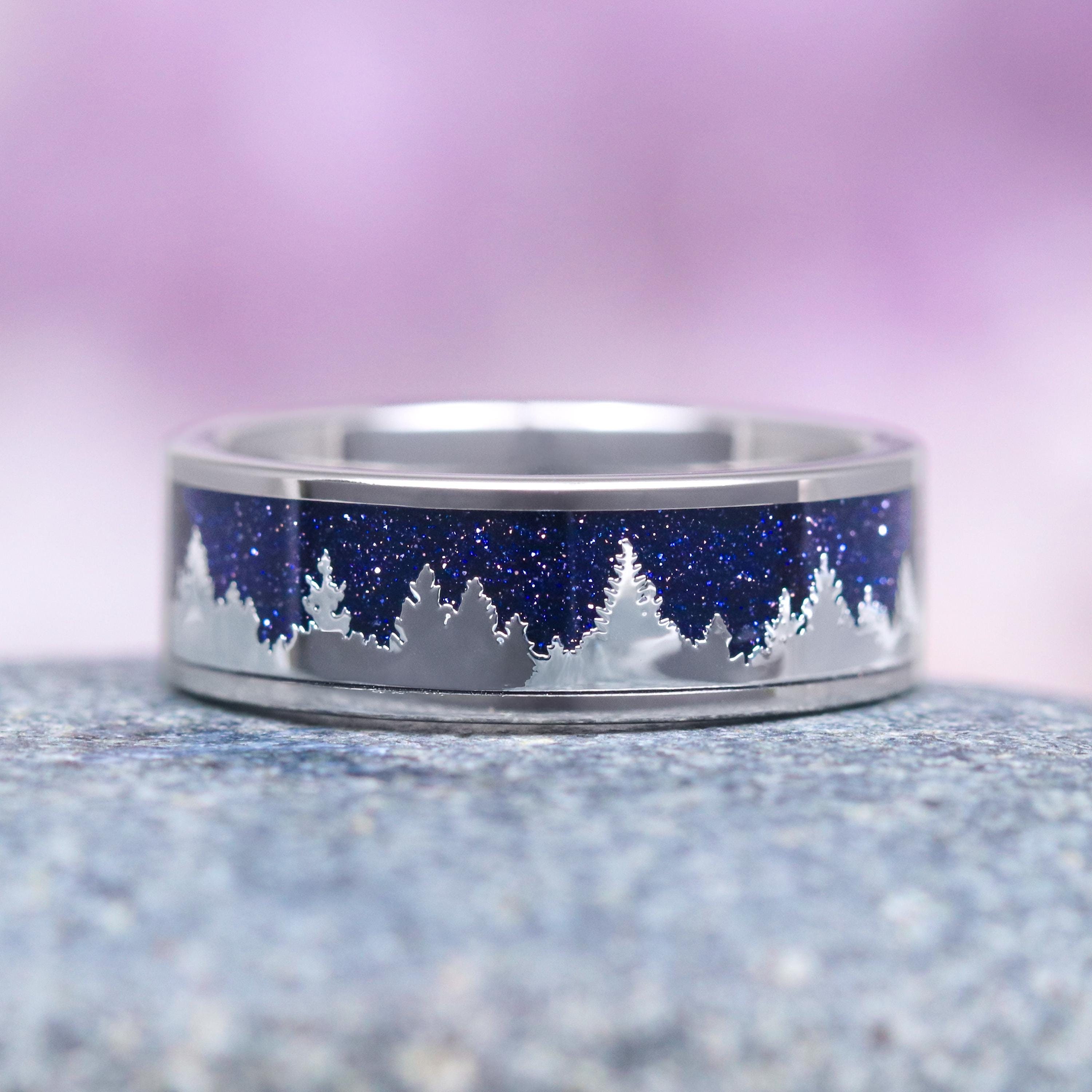 Starry Night & Trees Men's Wedding Band- Tungsten Carbide Crushed Galaxy Sandstone Outer Space 8mm Unisex Wedding Ring Promise Ring For Him