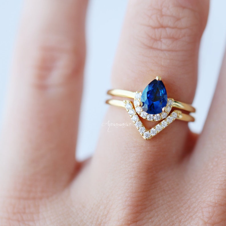 Wedding Ring Set September Birthstone Engagement Promise Ring Anniversary Gift Pear Sapphire Ring Set 14K Yellow Gold Vermeil Ring Set