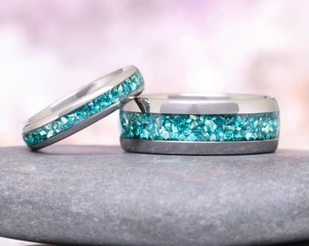 Crushed Aquamarine Couples Ring Set- His and Hers Matching Wedding Band Simple Minimalist Tungsten Matching Couples Ring Unique Promise Ring