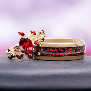 Garnet Couples Ring Set Red Fire Opal Leaf Tungsten Matching Wedding Bands