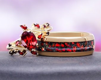 Natural Garnet & Red Fire Opal Couples Ring Set- His and Hers Matching Wedding Band- Red and Gold Tungsten Couples Ring Unique Promise Ring