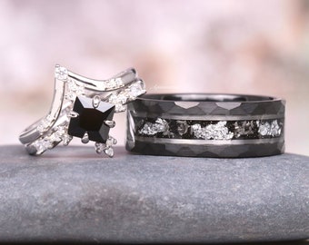 Conjunto de anillos de parejas de ónix negro y meteorito- Alianza de boda para él y para ella- Parejas a juego de plata y tungsteno Anillo de promesa de diamante negro único