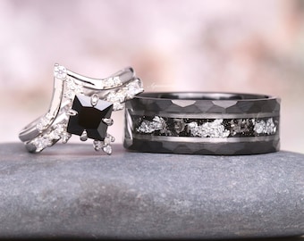 Black Onyx Couples Ring Set Meteorite Silver and Tungsten Matching Wedding Bands
