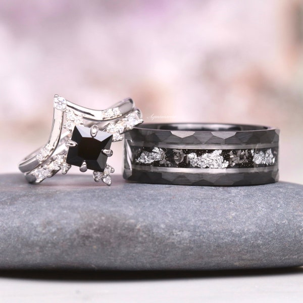 Black Onyx & Meteorite Couples Ring Set- His and Hers Wedding Band- Silver and Tungsten Matching Couples Unique Black Diamond  Promise Ring