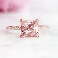 Princess Cut Morganite Ring- 14K Rose Gold Vermeil 3CT Peachy Pink Morganite Engagement Ring For Women Promise Ring Anniversary Gift For Her