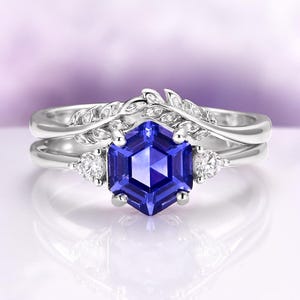 Tanzanite Leaf Ring Set in 925 Sterling Silver- Unique Hexagon Engagement Ring- Nature Inspired Dainty Promise Ring Anniversary Gift For Her