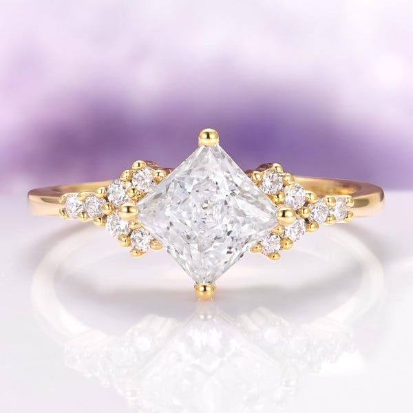 Diamond Engagement Ring in 14K Yellow Gold Vermeil- Princess Cut Simulated Diamond Dainty Promise Ring- Anniversary Birthday Gift For Her
