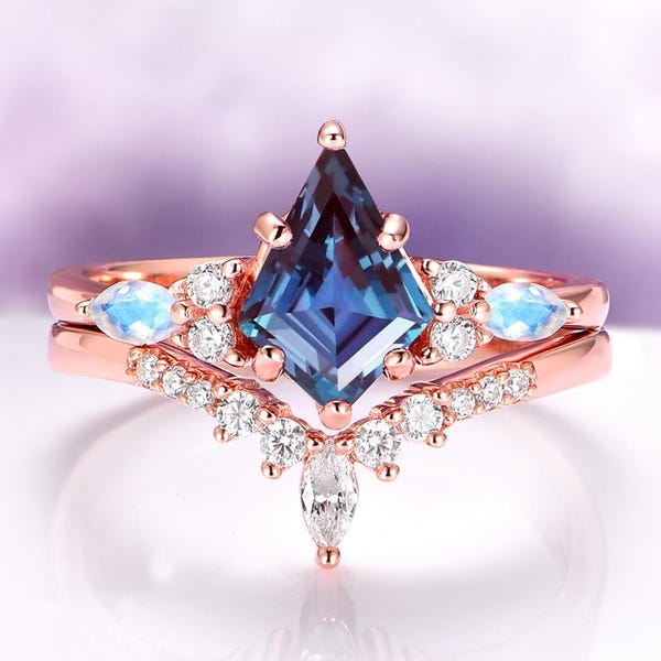 Skye Kite Alexandrite & Moonstone Engagement Ring Set- 14K Rose Gold Vermeil June Birthstone- Unique Promise Anniversary Gift For Her