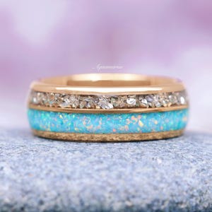Blue Fire Opal & Crushed Diamond Mens Wedding Band- 8mm Yellow Gold Tungsten Carbide Ring-Unique Promise Ring- Anniversary Gift For Him