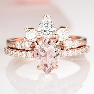 Teardrop Morganite Ring Set- 14K Rose Gold Vermeil- Vintage Unique Engagement Rings For Women- Cluster Diamond Wedding Ring- Bridal Ring Set