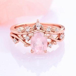 Natural Rose Quartz Ring Set- Leaf Wedding Ring Set 14K Rose Gold Vermeil- Pink Gemstone Engagement Ring- Unique Twig Dainty Promise Ring