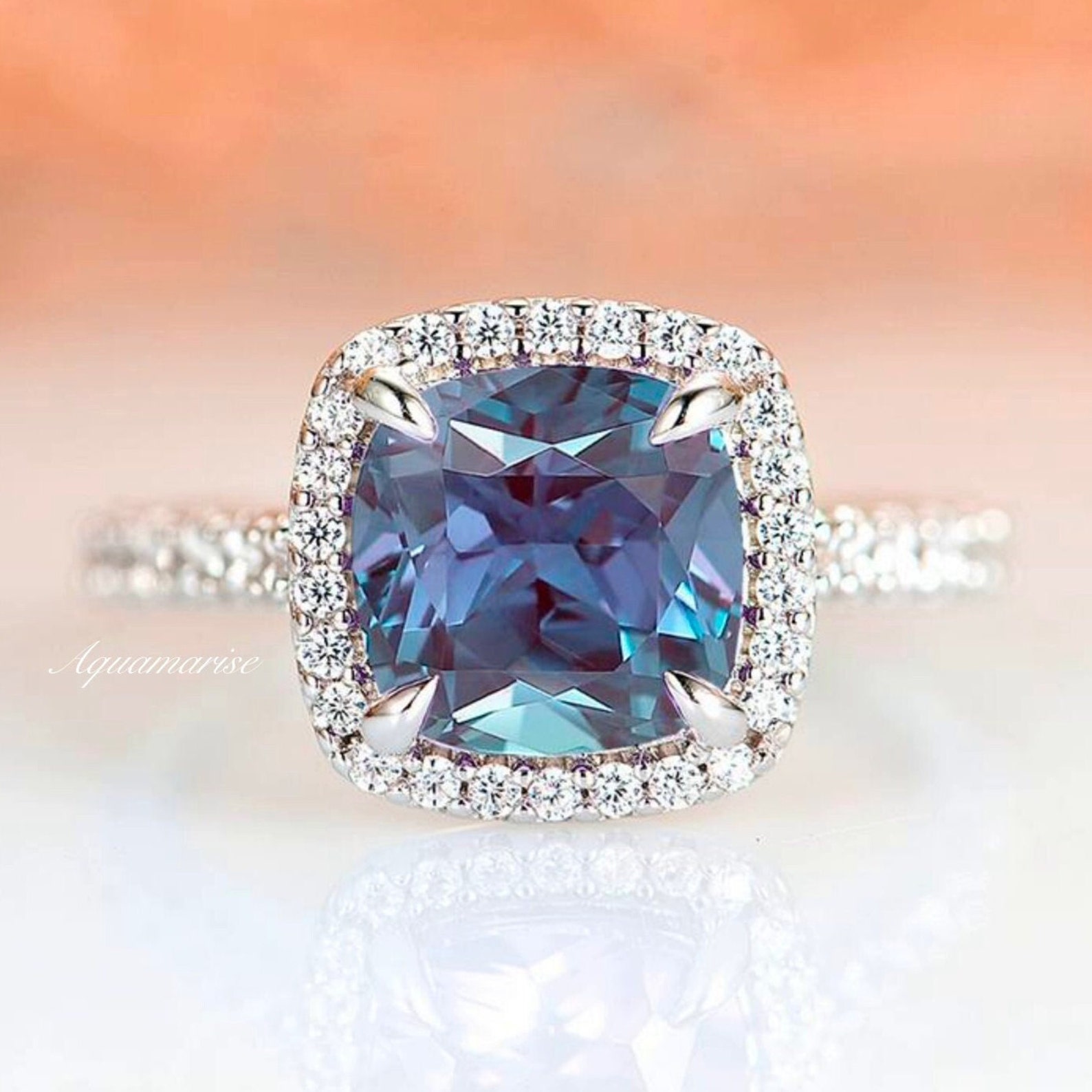 Cushion Cut Alexandrite Ring Sterling Silver Ring Teal & - Etsy