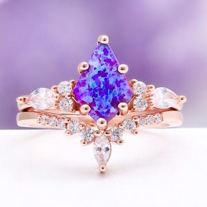 Lab Created Lavender Opal Engagement Ring Set Kite Cut 14K Rose Gold Vermeil
