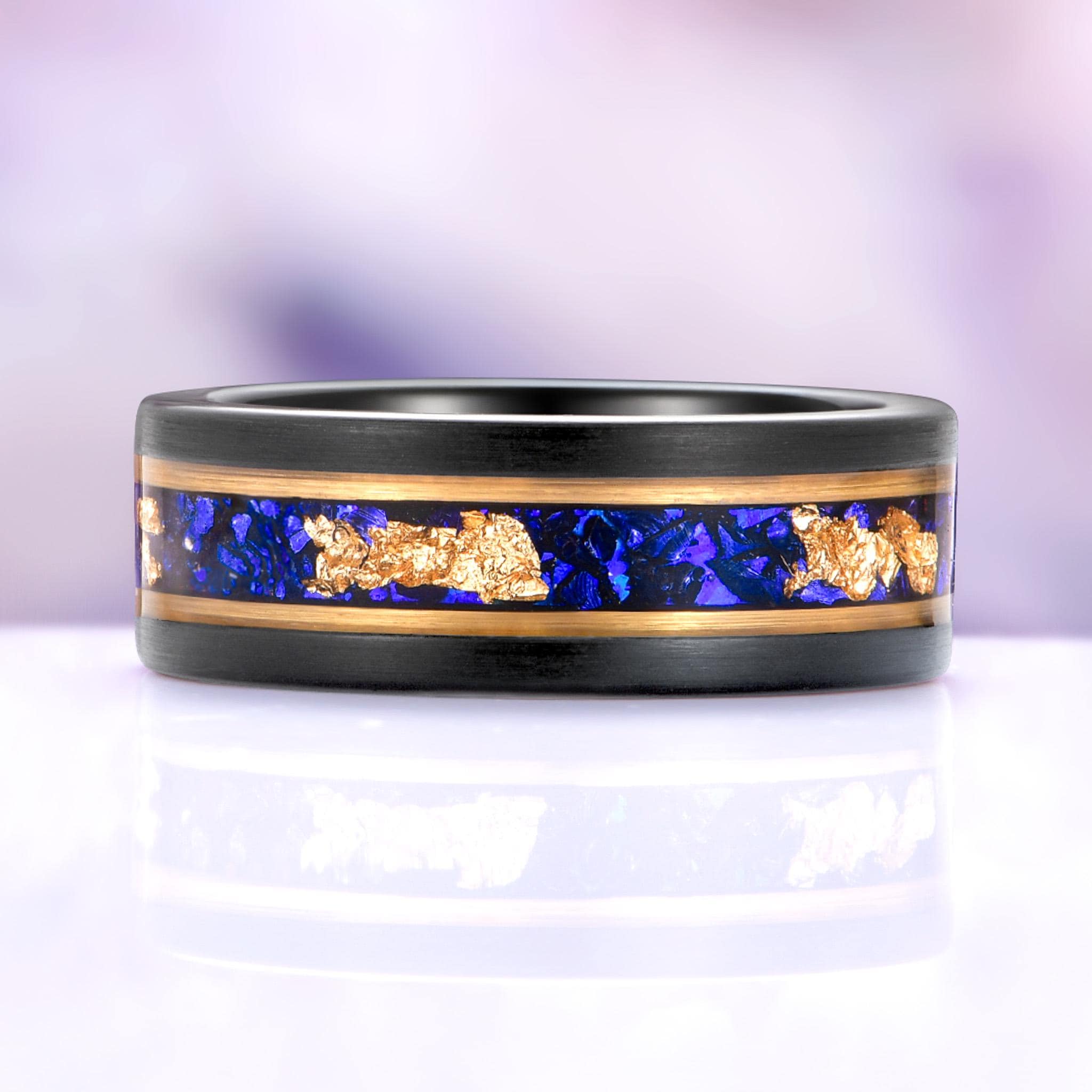 Blue Sapphire Leaf Ring Set, Gold Vermeil & Tungsten Wedding Bands