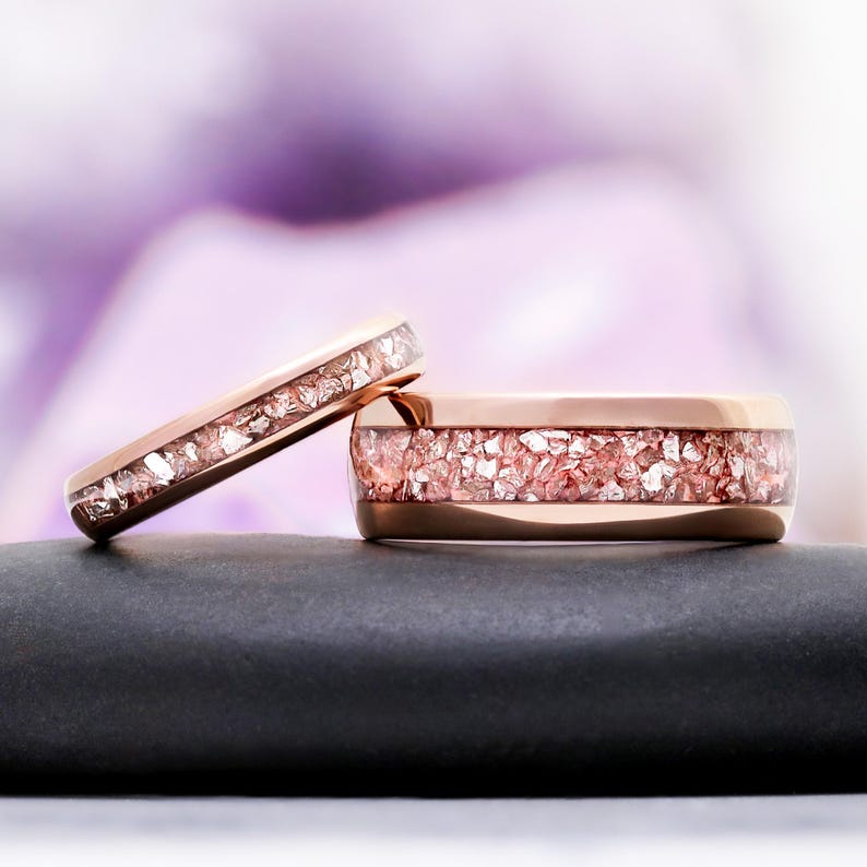 Morganite Wedding Band 4mm Rose Gold Tungsten Crushed Pink Gemstone Inlay Ring Bild 3