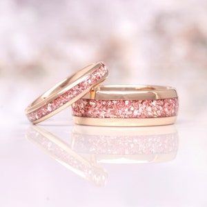 Morganite Mens Wedding Band Rose Gold Tungsten 8mm Crushed Pink Stone Inlay image 9
