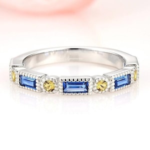 Blue Topaz and Citrine Ring- Sterling Silver Wedding Band- Yellow Blue November Birthstone Rings For Women- Anniversary Promise Gift For Her