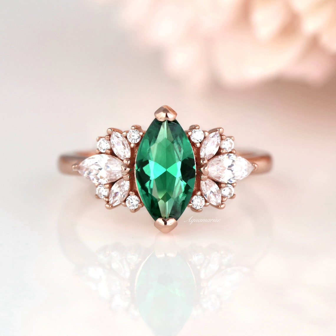 Vintage Marquise Emerald Ring 14K Rose Gold Vermeil Ring image 1