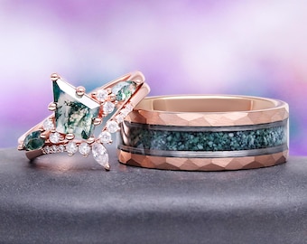 Kite Green Moss Agate Ring Set- His and Hers Wedding Band- Rose Gold Ring Set- Matching Nature Couples Promise Ring- 14K Rose Gold Vermeil