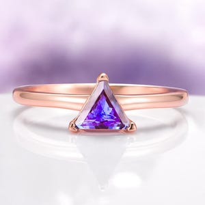 Alexandrite Engagement Ring Lab Grown Triangle Cut Minimalist 14K Rose Gold Vermeil