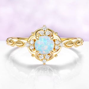 Australian Opal Engagement Ring Vintage Floral Halo 14K Yellow Gold Vermeil October Birthstone 画像 1