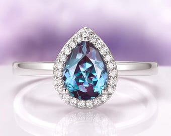Teardrop Alexandrite Ring in 925 Sterling Silver Gemstone Engagement Ring-  Promise Ring Color Changing Stone June Birthstone Gift For Her