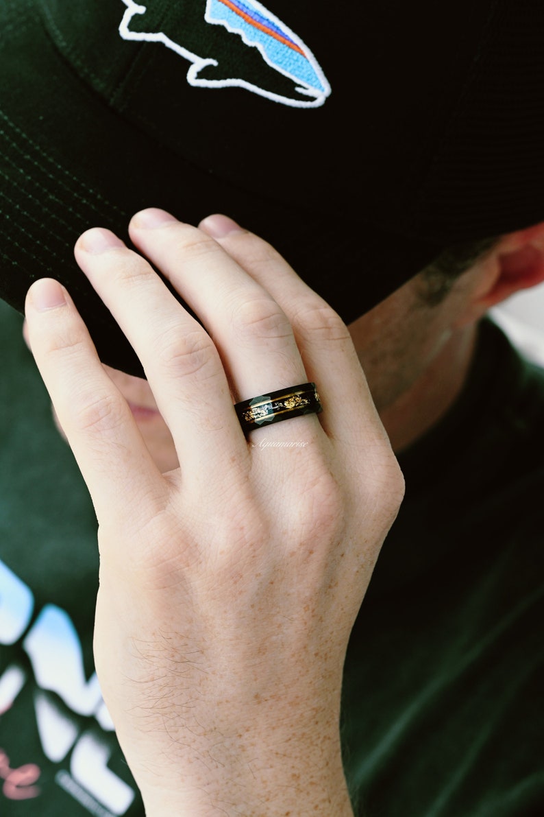 Black Onyx & Meteorite Gold Leaf Couples Ring His and Hers Wedding Band Gold Ring Set Matching Nature Couples Unique Vintage Promise Ring image 5