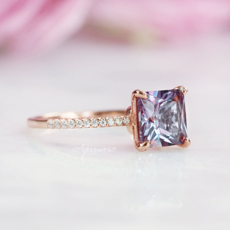 Princess Cut Alexandrite Ring 14K Rose Gold Vermeil Gemstone Engagement Ring For Women Promise Ring June Birthstone Anniversary Gift For Her image 2