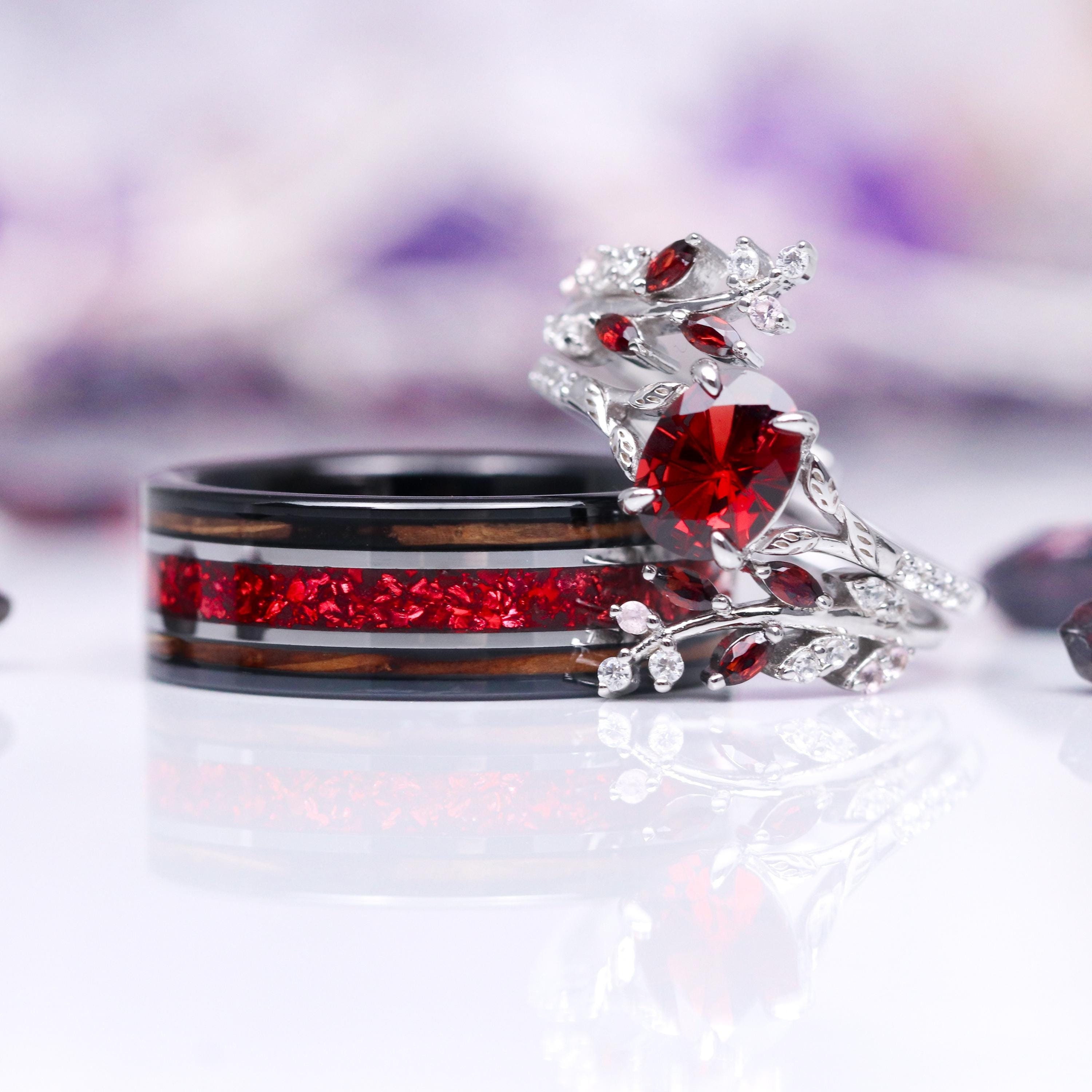 Star Cut Garnet & Redwood Couples Ring Set- His and Hers Matching Wedding Band- Red Silver, Black Two Tone Tungsten Unique Promise Rings