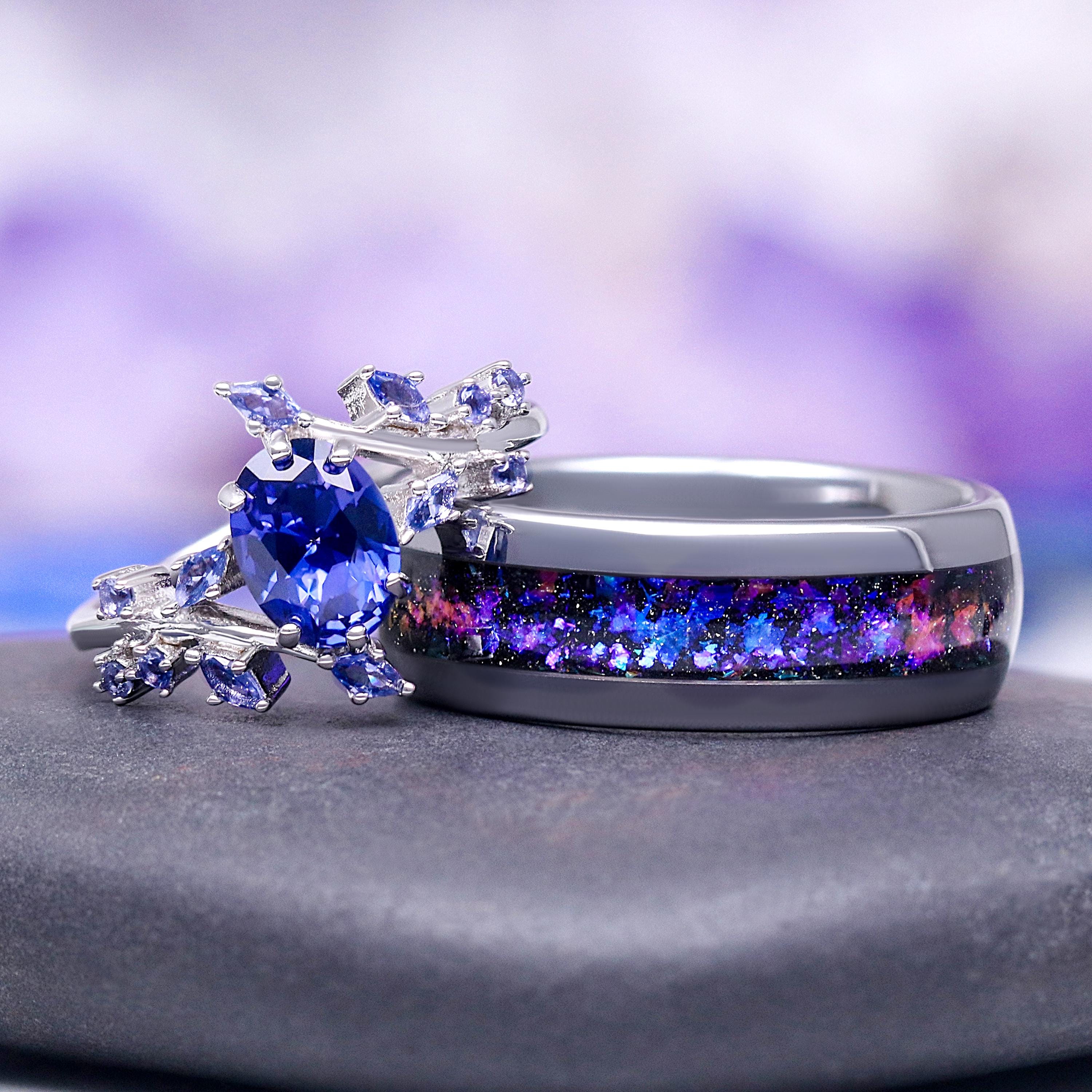 Cornflower Sapphire & Galaxy Orion Nebula Couples Ring- His and