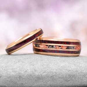 Black Fire Opal & Meteorite Couples Ring Set- His and Hers Matching Wedding Band- Rose Gold Tungsten Carbide Matching Unique Promise Ring