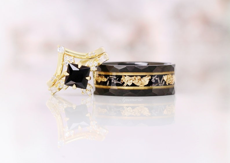 Black Onyx & Meteorite Gold Leaf Couples Ring His and Hers Wedding Band Gold Ring Set Matching Nature Couples Unique Vintage Promise Ring image 1