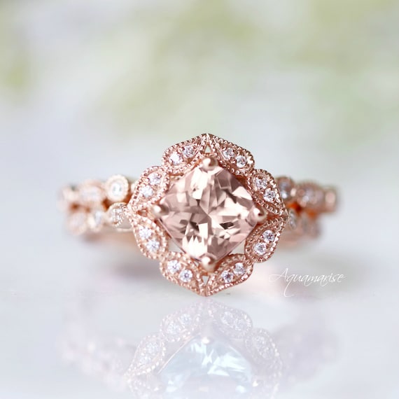 10K/14K/18K Solid Rose Gold Morganite Ring Vintage Engagement - Etsy