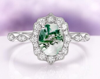Green Moss Agate Engagement Ring in 925 Sterling Silver- Natural Oval Agate Engagement Ring Unique Promise Ring Anniversary Gift For Her