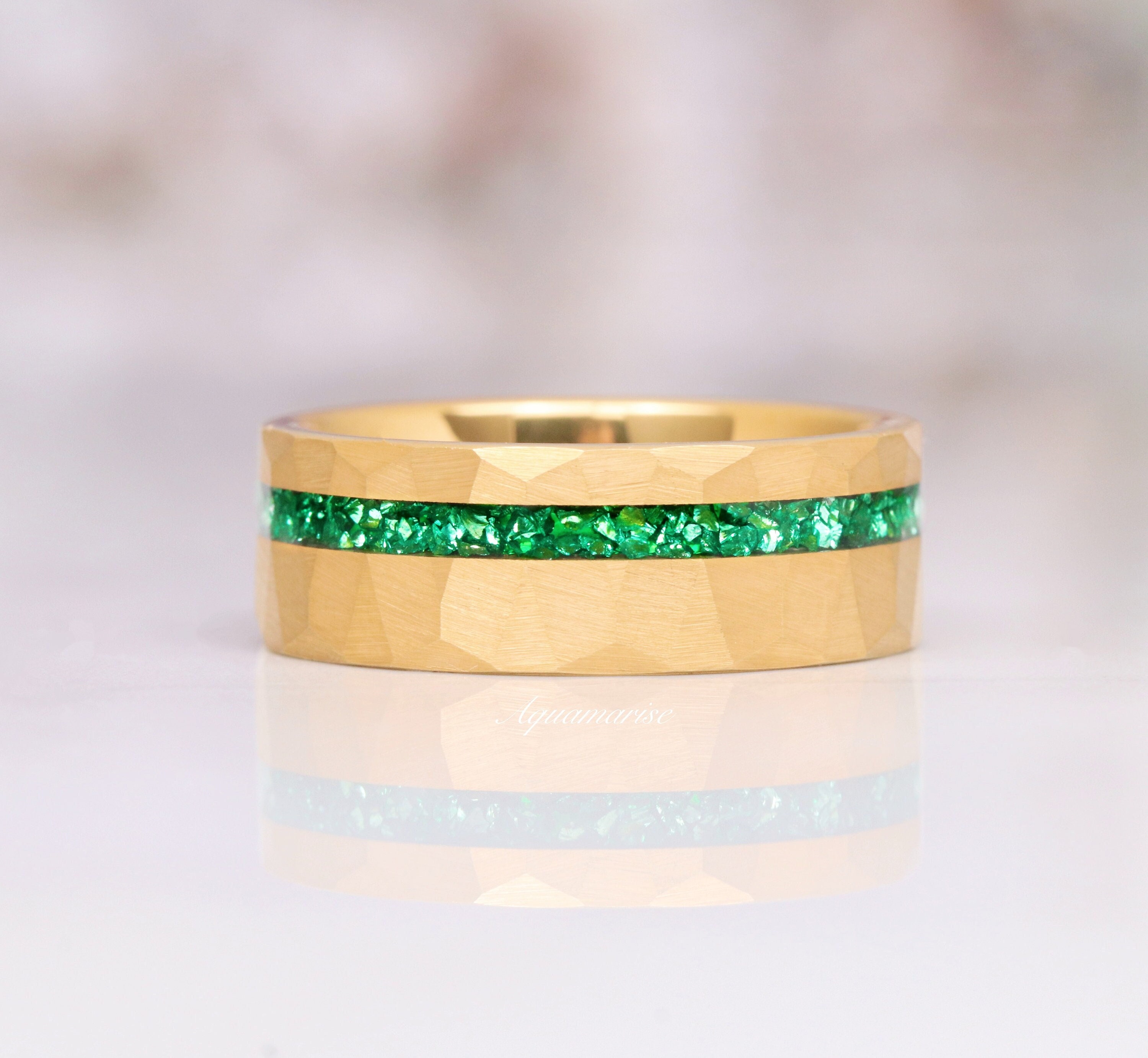 Crushed Emerald Gold Ring- 8mm Tungsten Men's Emerald Wedding Band- Green Emerald Tungsten Hammered- Brushed- Flat Comfort Fit- Gift for Him