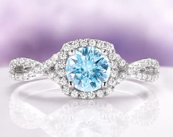 Aquamarine Sterling Silver Ring – Round Cut, Simulated Diamond Halo