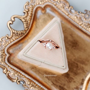 Natural Freshwater Pearl Ring Set For Women- 14K Rose Gold Vermeil Engagement Bridal Ring Sets For Her- Unique Promise Rings June Birthstone