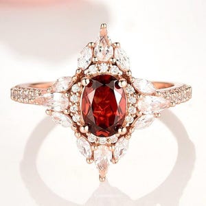Stella Natural Red Garnet Ring- Gemstone Engagement Ring For Women Halo Promise Ring- January Birthstone- Gift For Her 14K Rose Gold Vermeil