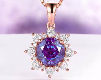 Snowflake Alexandrite Necklace in 14K Rose Gold Vermeil- Unique Color Changing June Birthstone Pendant - Anniversary Birthday Gift For Her